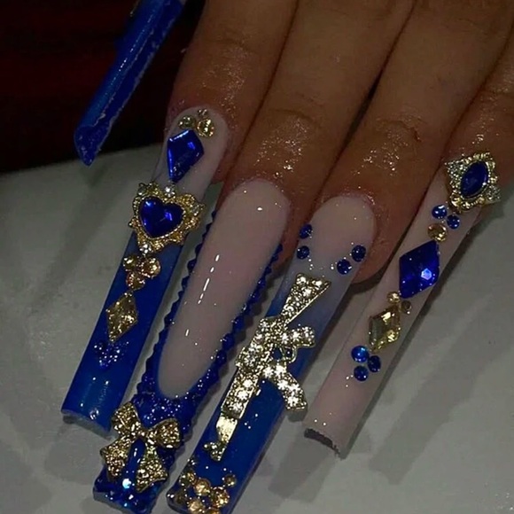 Rebellious Rose Other - 24pcs Pink Long Square False Nails Blue French Style With Blue Rhinestones